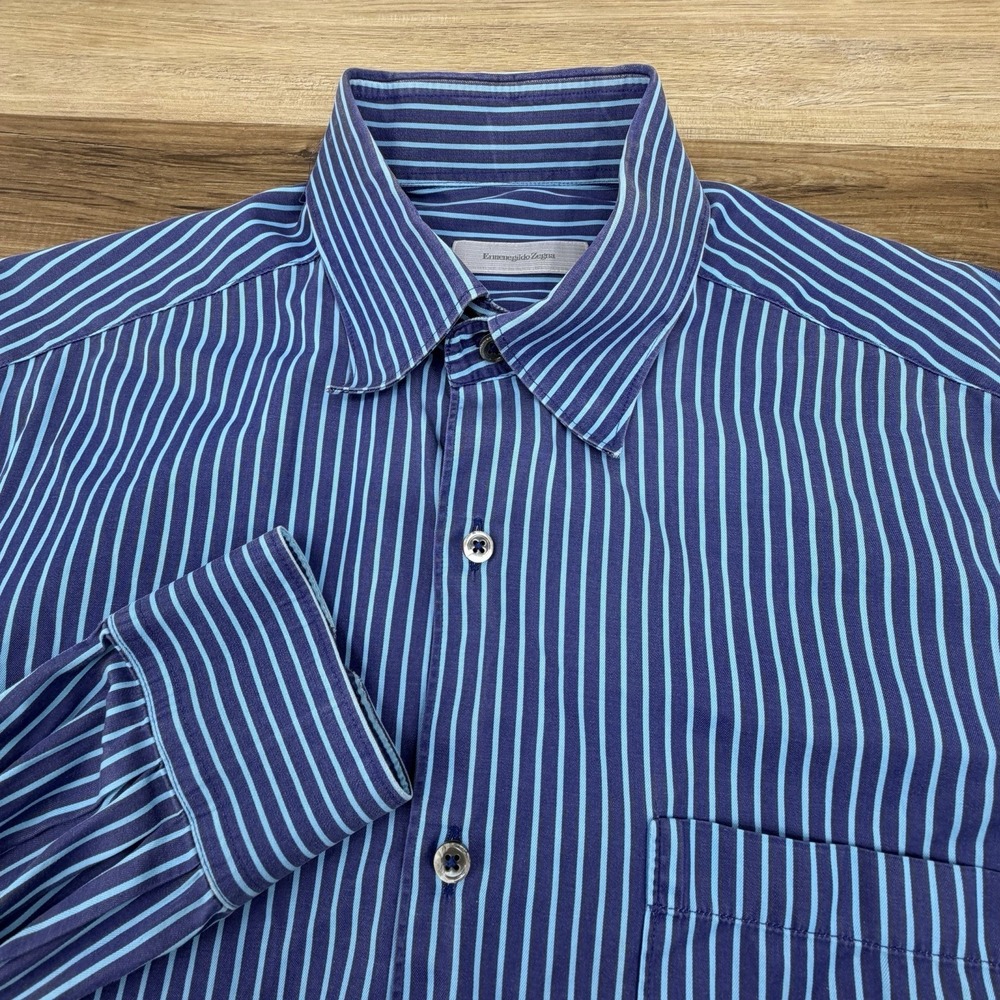 Ermenegildo Zegna Shirt Mens Large Blue Striped Cotton Long Sleeve Button Down